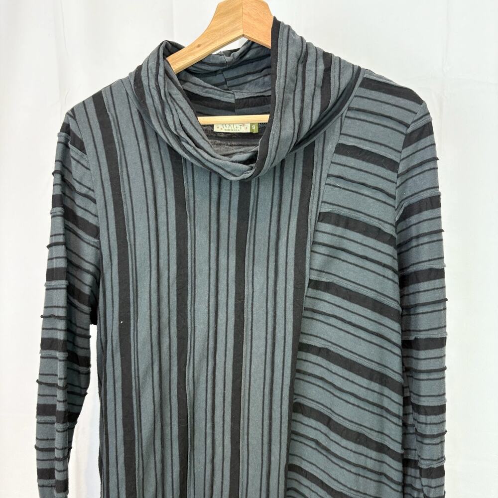 CHALET et Ceci S Asymmetric Cowl Neck Dress Long Sleeve Striped Gray Green Black - Picture 4 of 6